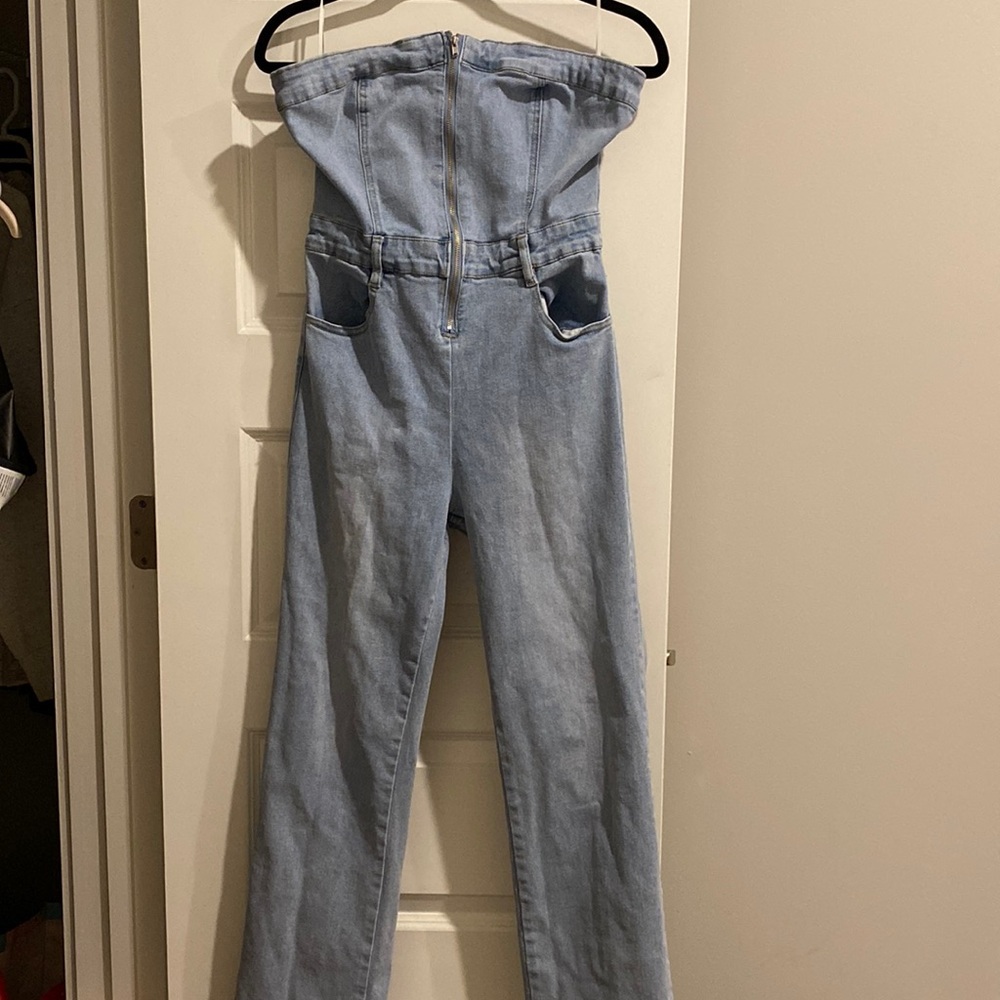 Tube top long pants denim jumpsuit